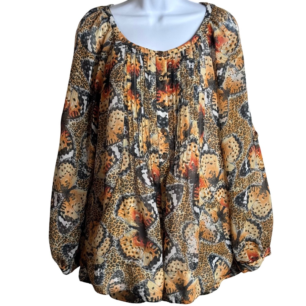 Vintage Grace Elements Butterfly Blouse Sheer‎ Long Sleeve Button Up Top L